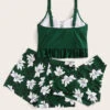 Floral Tankini Set Ruffle Hem Lace Up Cami Top & High Waisted Bottom & Shorts 3 Piece Bathing Suit