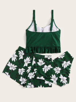 Floral Tankini Set Ruffle Hem Lace Up Cami Top & High Waisted Bottom & Shorts 3 Piece Bathing Suit