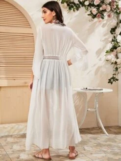 Tie Waist Lace Insert Sheer Longline Kimono