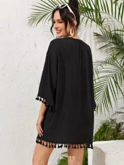 SHEIN WYWH Open Front Drop Shoulder Tassel Hem Kimono