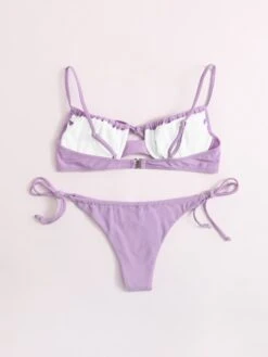 Solid Bikini Set Knot Front Underwire Bra & Tie Side Bottom 2 Piece Bathing Suit