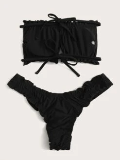 SHEIN X Sofia Suescun Ruched Lettuce Trim Bandeau Bikini Swimsuit