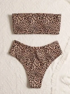 Leopard Bandeau High Waisted Bikini Swimsuit