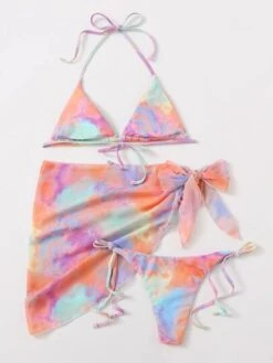 3pack Tie Dye Triangle Bikini Swimsuit & Beach Skirt