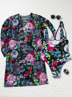 Leaf & Floral One Piece Swimsuit With Mesh Kimono