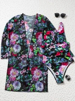 Leaf & Floral One Piece Swimsuit With Mesh Kimono -Shein Clothing Store 1604895279a8ca7547ad4650a4d43ee4c08b9386bc thumbnail 405x552