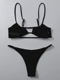 Textured Bikini Set Cutout Front Cami Top & High Cut Thong 2 Piece Swimsuit