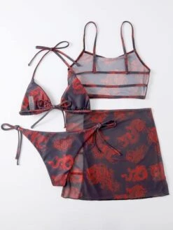 4pack Halter Bikini Swimsuit With Dragon Print Mesh Cover Up