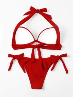 Solid Bikini Set Halter Push Up Bra & Tie Side Thong Bottom 2 Piece Bathing Suit
