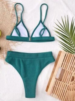 Solid Rib Triangle High Waisted Bikini Swimsuit