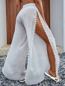 Pom-pom Hem Split Thigh Cover Up Pants
