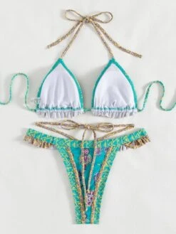 Floral & Geo Print Triangle Thong Bikini Swimsuit