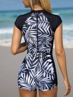 Bikinx Leaf Print Raglan Sleeve One Piece Swimsuit