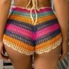Striped Knitted Tie Front Cover Up Shorts