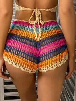 Striped Knitted Tie Front Cover Up Shorts