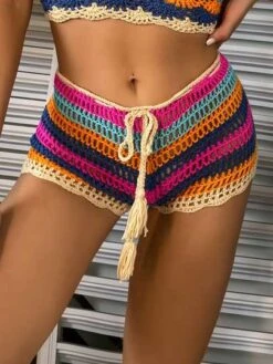 Striped Knitted Tie Front Cover Up Shorts -Shein Clothing Store 163488491764d360577478005cb9d6993e1f43a237 thumbnail 405x552