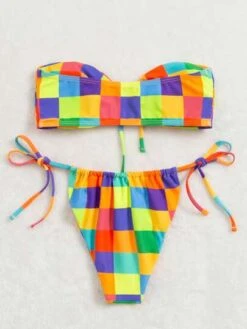 Colorful Checkered Bikini Set Bandeau Bra & Thong Bottom 2 Piece Bathing Suit -Shein Clothing Store 1636179401961124e00af7a5eece2d9a5d3f9acf02 thumbnail 405x552