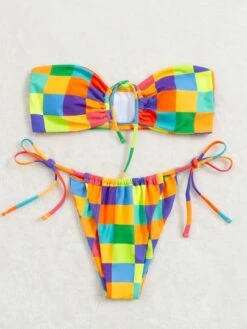 Colorful Checkered Bikini Set Bandeau Bra & Thong Bottom 2 Piece Bathing Suit
