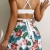 Tropical Print Tankini Set Wrap Push Up Swim Dress With High Waist Bikini Bottom 2 Piece Bathing Suit