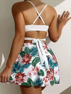 Tropical Print Tankini Set Wrap Push Up Swim Dress With High Waist Bikini Bottom 2 Piece Bathing Suit
