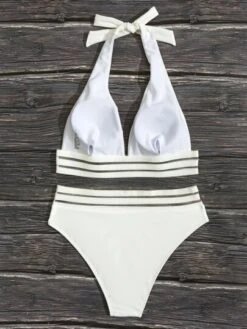 Contrast Mesh Halter Bikini Swimsuit