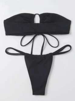 Solid Bikini Set Tie Front Bandeau Top & Thong Bottom 2 Piece Bathing Suit