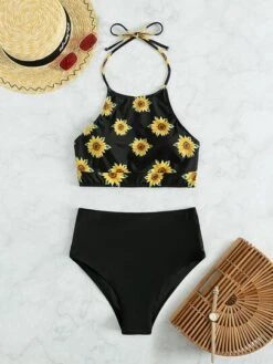 Sunflower Print Tankini Set High Neck Halter Top & High Waist Bikini 2 Piece Swimsuit -Shein Clothing Store 1646109975c04f67165791264a7bfb247d92145065 thumbnail 405x552