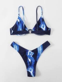 Graphic Print Bikini Set Underwire Bra Top & High Cut Bikini Bottom 2 Piece Swimsuit