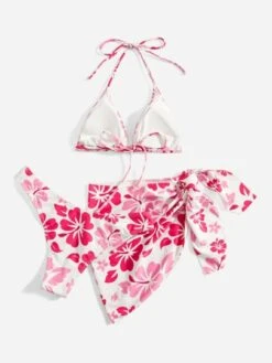 Floral Bikini Set Halter Micro Triangle Bra & Bikini Bottom & Cover Up Skirt 3 Piece Bathing Suit