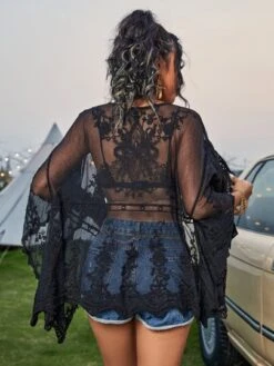 Floral Embroidered Mesh Drop Shoulder Kimono