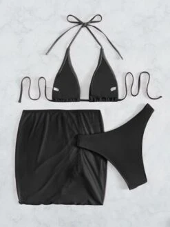 3pack Solid Halter Bikini Swimsuit & Beach Skirt