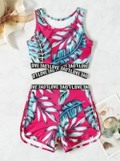 Tropical Print Bikini Set Letter Tape Cross Tank Top & Boxer Shorts 2 Piece Swimsuit -Shein Clothing Store 1648437801f643cb5e62d47090005cf19deb79c19c thumbnail 405x552