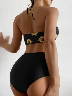 Sunflower Print Tankini Set High Neck Halter Top & High Waist Bikini 2 Piece Swimsuit