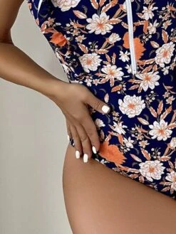 Floral Print Ruffle Trim Zip Front One Piece Swimsuit -Shein Clothing Store 1649728224c1c42d09e11eceed01b15fe4bba0050b thumbnail 405x552