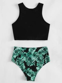 Tropical Print High Waisted Bikini Swimsuit