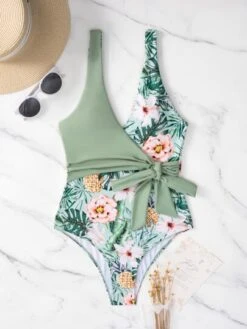 Tropical Print Knot Side Belted One Piece Swimsuit -Shein Clothing Store 1650946739927e2db9fc67400f812887d92ab39f95 thumbnail 405x552