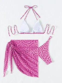 3pack Floral Triangle Thong Bikini Swimsuit & Beach Skirt