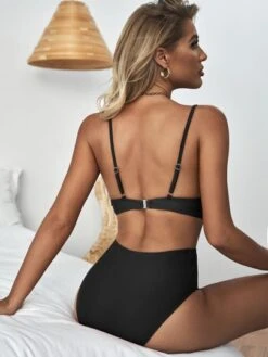 Solid Bikini Set Hollow Out Tank Bra & High Waisted Bottom 2 Piece Bathing Suit