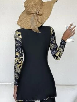 Leaf Print Zipper Front Long Sleeve Tankini Top