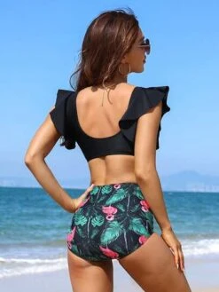 Tropical Print Ruffle Trim Bikini Swimsuit