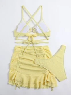 Solid Bikini Set O-ring Detail Criss Cross Bra & Bikini & Drawstring Ruched Beach Skirt 3 Piece Swimsuit