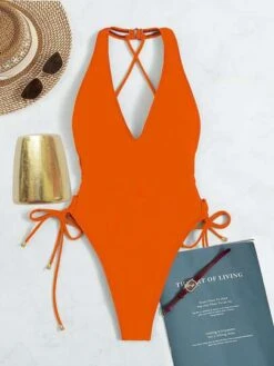 Plain Tie Side Cross Back One Piece Swimsuit -Shein Clothing Store 1668742307dad8aced5e4523dad079f81a1f8bbba4 thumbnail 405x552