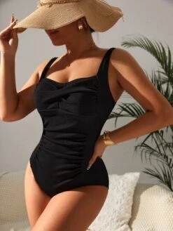 Solid Ruched One Piece Swimsuit -Shein Clothing Store 16688406926523f36782ac2900bb6243a175888e7c thumbnail 405x552
