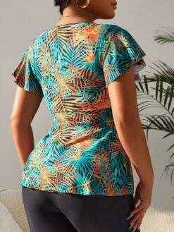 Tropical Print Drawstring Front Shorts Bikini Swimsuit