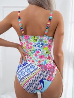 Floral Print Knot Front One Piece Swimsuit