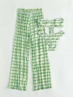 Tie Dye Bikini Set Knot Front Bandeau Bra Top & High Cut Bikini Bottom & Cover Up Pants 3 Piece Swimsuit