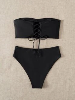 Solid Bikini Set Lace Up Back Reversible Tube Bra & High Waisted Bottom 2 Piece Bathing Suit