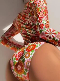 Floral Print Zip Front One Piece Swimsuit