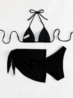 Smocked Bikini Set Halter Triangle Bra Top & Hipster Bikini Bottom &Skirt 3 Piece Bathing Suit