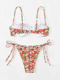Floral Bikini Set Frill Trim Underwire Top & Tie Side Bottom 2 Piece Swimsuit